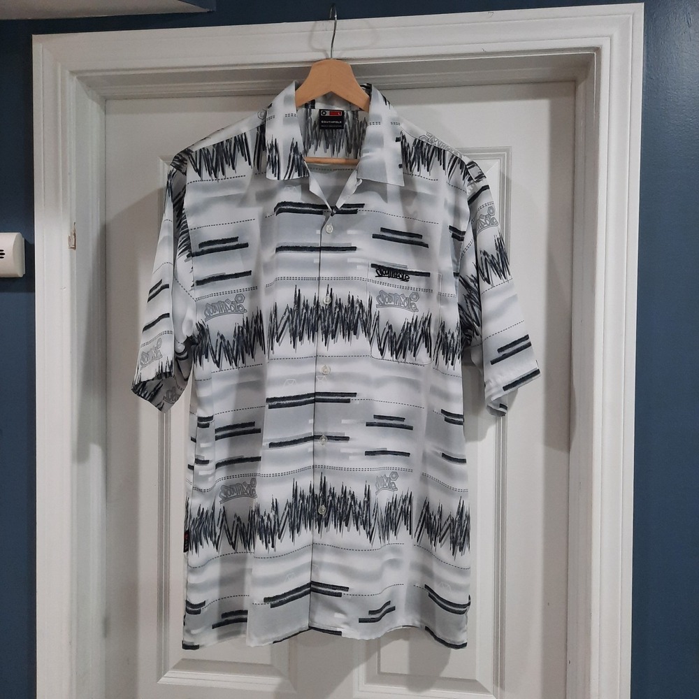 Vtg Y2K Southpole Shirt Mens Large Gray Camp Allover Print Button Up Loop Collar